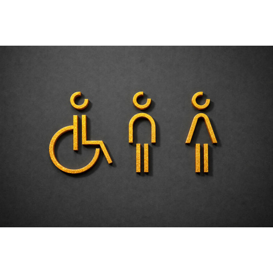 Combinatiepakket Kleedkamer of Toilet pictogrammen - Man + Vrouw + Rolstoel 3D - Divergent- Goud - hoogwaardig Acryl bord