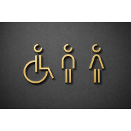 Combinatiepakket Kleedkamer of Toilet pictogrammen - Man + Vrouw + Rolstoel 3D - Divergent- Goud - hoogwaardig Acryl bord Combinatiepakket Kleedkamer of Toilet pictogrammen - Man + Vrouw + Rolstoel 3D - Divergent- Goud - hoogwaardig Acryl bord