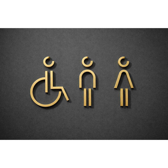 Combinatiepakket Kleedkamer of Toilet pictogrammen - Man + Vrouw + Rolstoel 3D - Divergent- Goud - hoogwaardig Acryl bord Combinatiepakket Kleedkamer of Toilet pictogrammen - Man + Vrouw + Rolstoel 3D - Divergent- Goud - hoogwaardig Acryl bord
