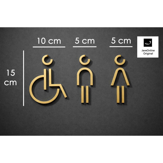 Combinatiepakket Kleedkamer of Toilet pictogrammen - Man + Vrouw + Rolstoel 3D - Divergent- Goud - hoogwaardig Acryl bord Combinatiepakket Kleedkamer of Toilet pictogrammen - Man + Vrouw + Rolstoel 3D - Divergent- Goud - hoogwaardig Acryl bord
