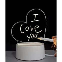 Acryl LED notitiebord lampje - Hartjesvorm - Uitwisbaar Schrijfbord - Transparant - Witte basis - Aan/uit knop - Dimbaar