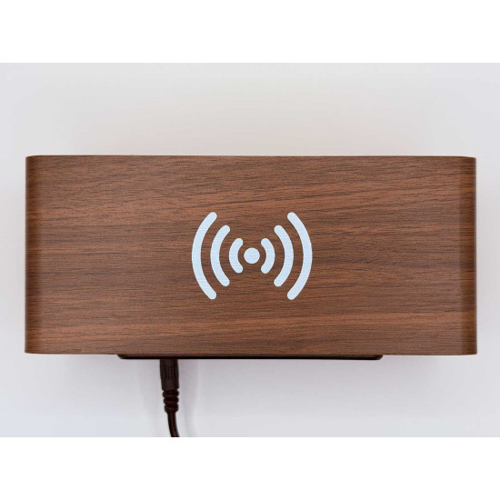 Klok modern decoratief - houtlook - Donkerbruin - Draadloos laadstation - Thermometer - Kalender Klok modern decoratief - houtlook - Donkerbruin - Draadloos laadstation - Thermometer - Kalender