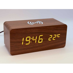 Klok modern decoratief - houtlook - Donkerbruin - Draadloos laadstation - Thermometer - Kalender