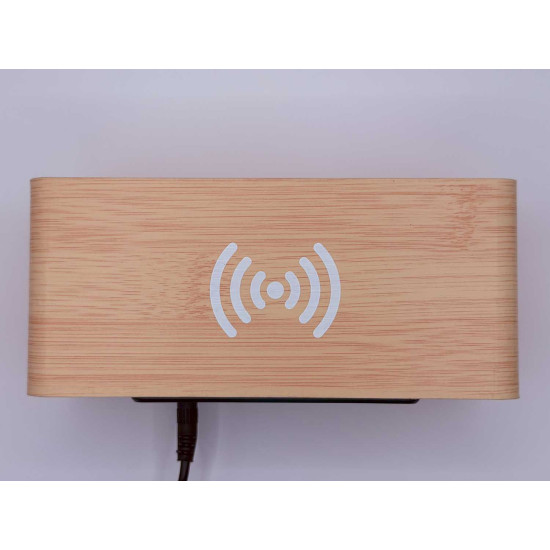 Klok modern decoratief - houtlook - Lichtbruin - Draadloos laadstation - Thermometer - Kalender Klok modern decoratief - houtlook - Lichtbruin - Draadloos laadstation - Thermometer - Kalender