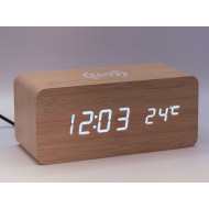 Klok modern decoratief - houtlook - Lichtbruin - Draadloos laadstation - Thermometer - Kalender Klok modern decoratief - houtlook - Lichtbruin - Draadloos laadstation - Thermometer - Kalender