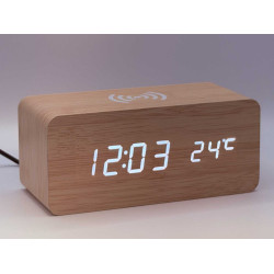 Klok modern decoratief - houtlook - Lichtbruin - Draadloos laadstation - Thermometer - Kalender