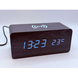 Klok modern decoratief - houtlook - Zwart - Draadloos laadstation - Thermometer - Kalender