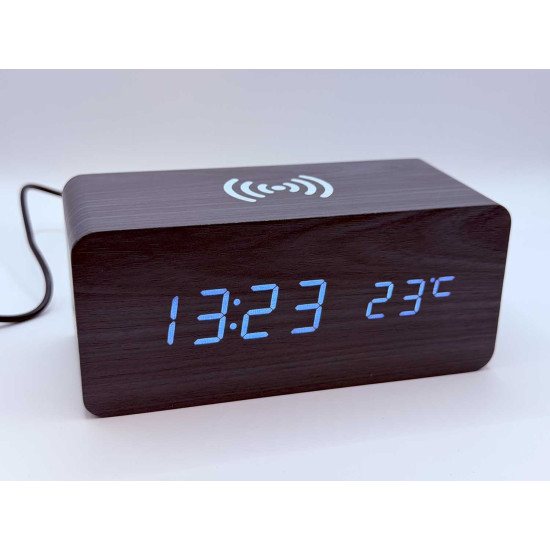 Klok modern decoratief - houtlook - Zwart - Draadloos laadstation - Thermometer - Kalender Klok modern decoratief - houtlook - Zwart - Draadloos laadstation - Thermometer - Kalender