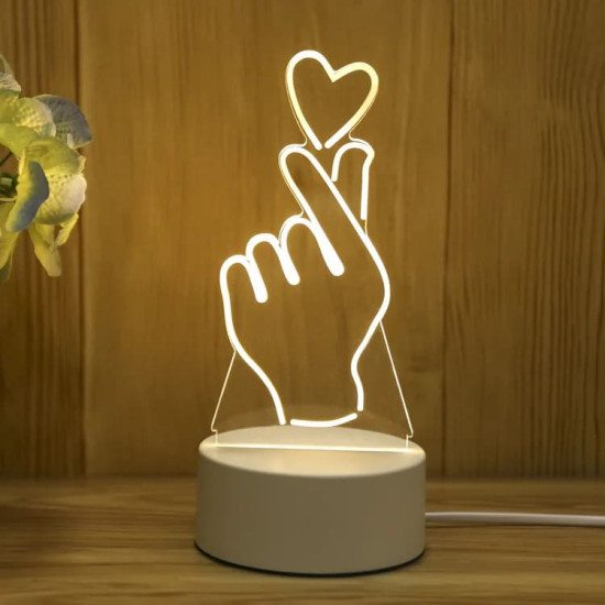 3D illusie LED lampje - Hand en hartje - Warm licht - Acryl plaat