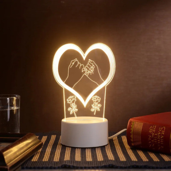 3D illusie LED lampje - Hart en rozen - Warm licht - Acryl plaat
