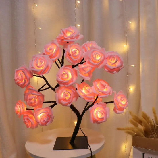 Rozenboom lamp - 24 LED - Roze blaadjes - Tafellamp - Decoratielamp - Liefdesontwerp